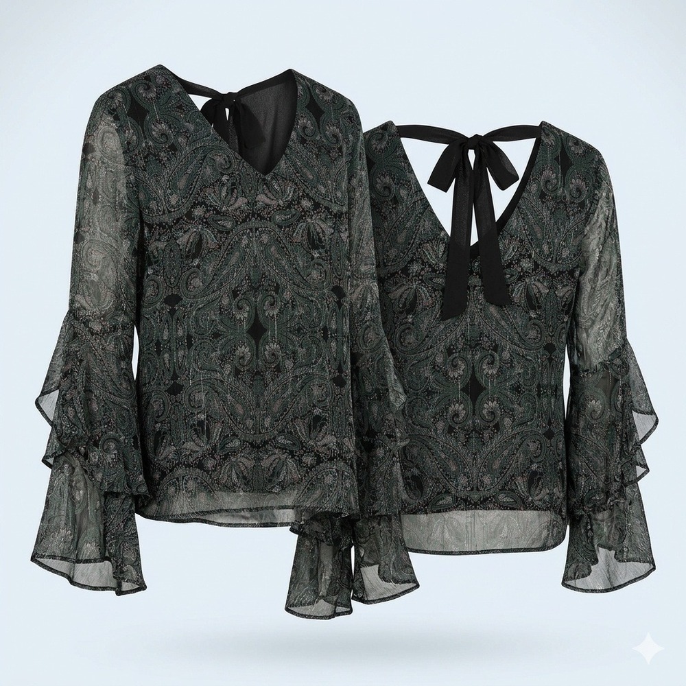 BCX Paisley Ruffle Sleeve Tie Back Top‎ Black Teal L Whimsygoth Fairy Romantic